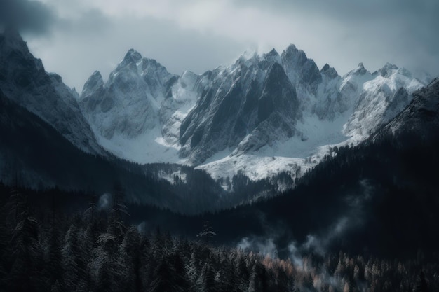 Une chaîne de montagnes avec un ciel bleu et du brouillard