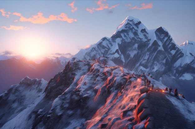 Une chaîne de montagnes avec un coucher de soleil en arrière-plan
