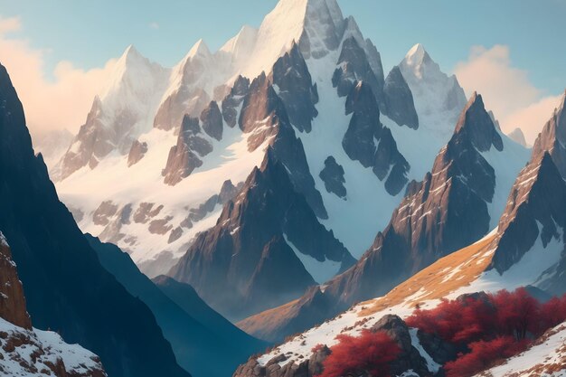 Une chaîne de montagnes enneigée avec des arbres et des nuages image générée par Ai