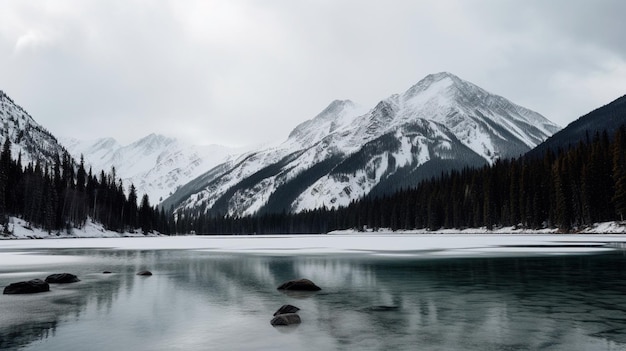 Une chaîne de montagnes enneigées avec un lac entouré de montagnes couvertes de neige au premier plan et un ciel nuageux en arrière-plan Generative AI