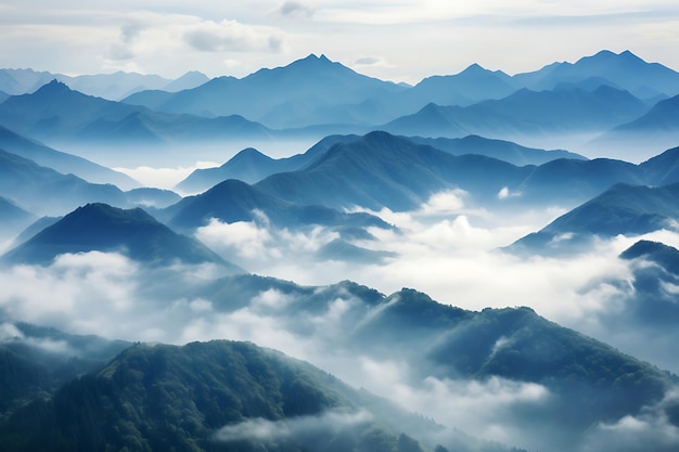 Une chaîne de montagnes enveloppée de brouillard ou de nuages bas