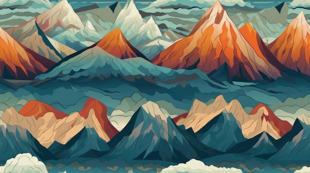 Une chaîne de montagnes époustouflante, un motif sans couture, un fond ondulé coloré avec des textures géométriques.