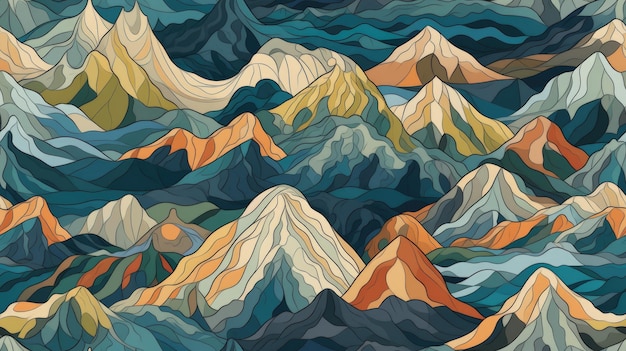 Une chaîne de montagnes époustouflante, un motif sans couture, un fond ondulé coloré avec des textures géométriques.