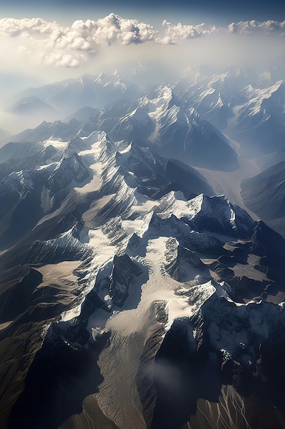 Une chaîne de montagnes est couverte de neige et est vue d'un avion.