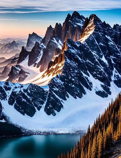 Une chaîne de montagnes est entourée de montagnes enneigées.