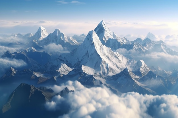 Une chaîne de montagnes est entourée de nuages et le ciel est bleu.