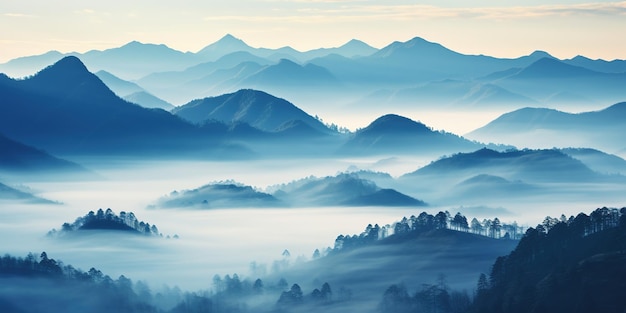 Une chaîne de montagnes est vue au loin avec du brouillard.