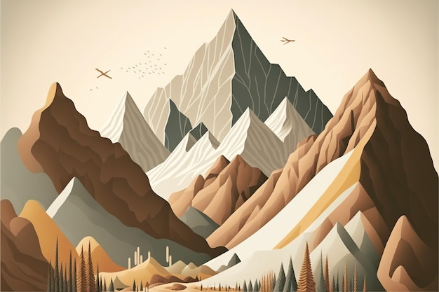 Chaîne de montagnes Illustration design plat couleurs douces et terreuses harmonie et équilibre IA générative