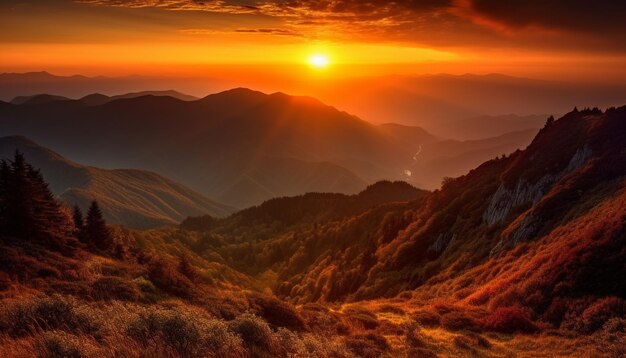 Photo la chaîne de montagnes majestueuse au crépuscule, la prairie tranquille, le point de vue panoramique généré par l'intelligence artificielle.