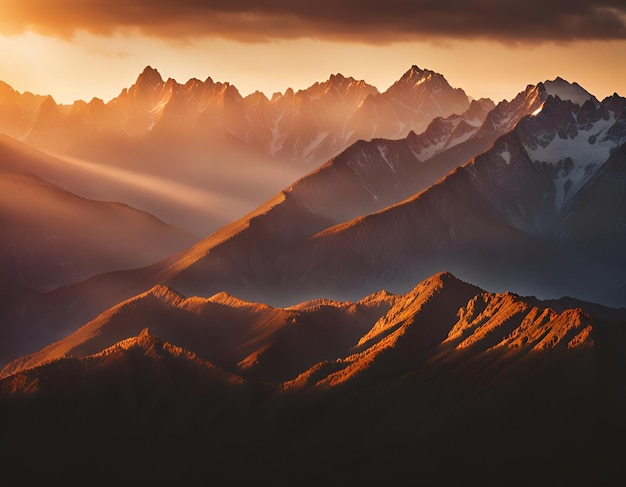 Une chaîne de montagnes majestueuse baignée par la chaleur du coucher du soleil.
