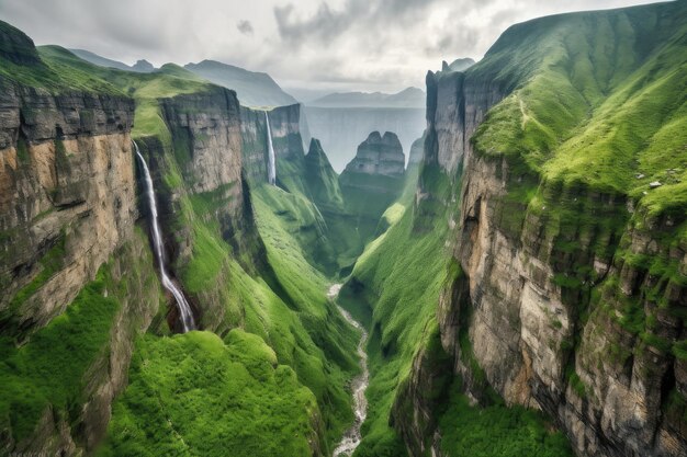 Chaîne de montagnes majestueuse avec une chute d'eau en cascade le long de la falaise créée avec une IA générative