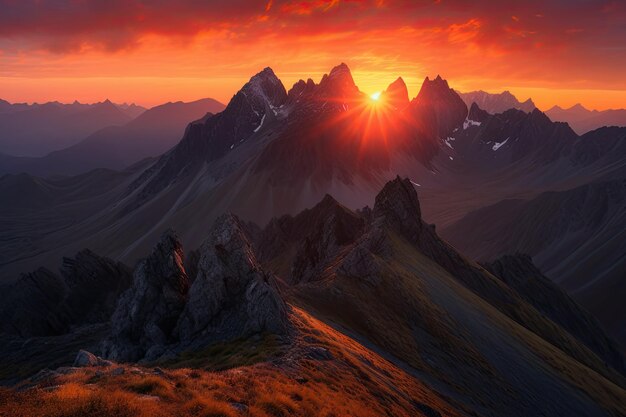 Chaîne de montagnes majestueuse avec un coucher de soleil ardent derrière les sommets créés avec une IA générative