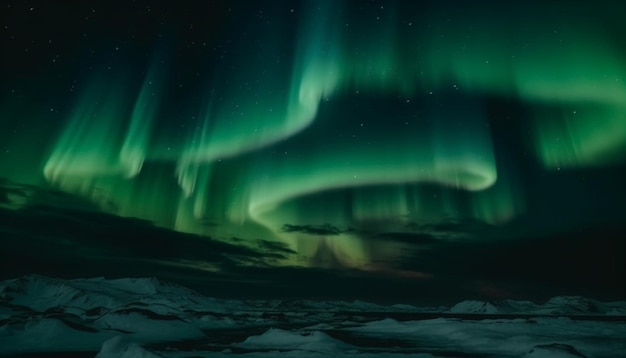 Chaîne de montagnes majestueuse illuminée par des aurores polaires générées par l'IA