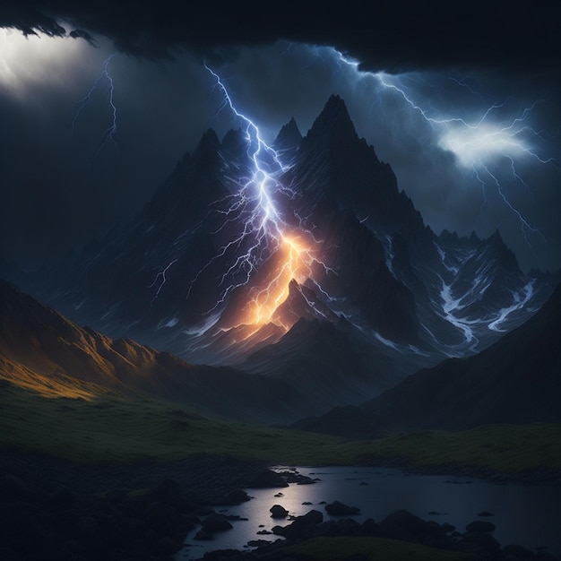 Une chaîne de montagnes majestueuse illuminée par un éclair brillant et une averse soudaine