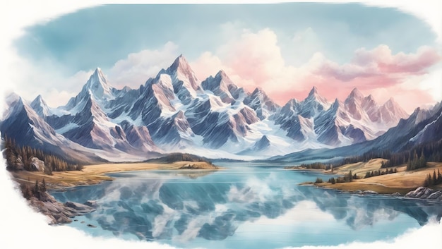 Une chaîne de montagnes majestueuse avec un lac étincelant niché dans ses vallées illustration