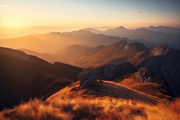 Chaîne de montagnes majestueuse avec un lever de soleil les pics de lumière dorée créé avec ai générative