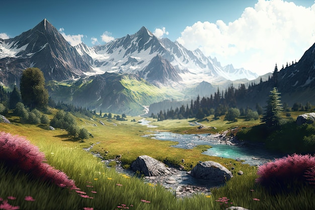 Chaîne de montagnes majestueuse avec prairie alpine luxuriante au premier plan