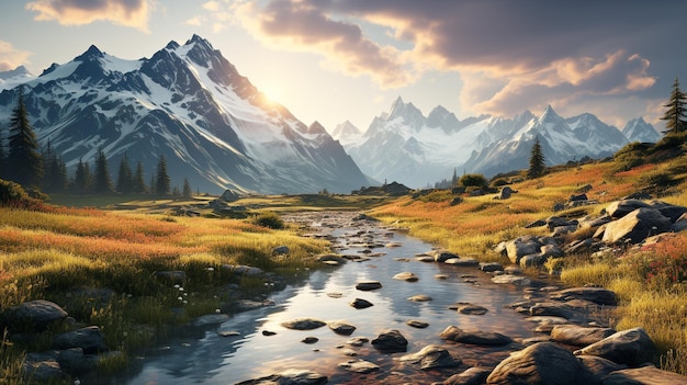 La chaîne de montagnes majestueuse, la prairie tranquille, le coucher de soleil éclairé en arrière-plan.