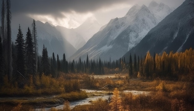 Une chaîne de montagnes majestueuse, une prairie tranquille, une forêt sereine, un lever de soleil à couper le souffle généré par l'intelligence artificielle.