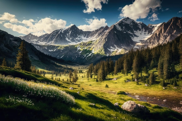 Chaîne de montagnes majestueuse avec des prairies alpines au premier plan