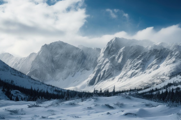 Chaîne de montagnes majestueuse recouverte d'une couverture de neige et de glace créée avec une IA générative