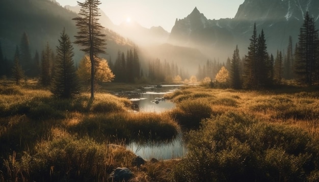 La chaîne de montagnes majestueuse reflète la beauté tranquille de l'automne dans la nature générée par l'IA