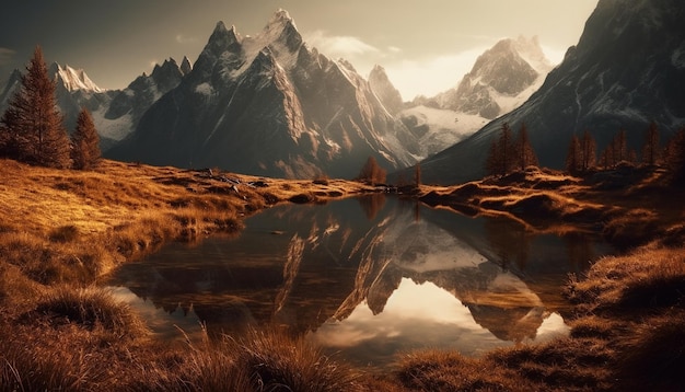 Une chaîne de montagnes majestueuse reflète la beauté tranquille du soleil générée par l'IA