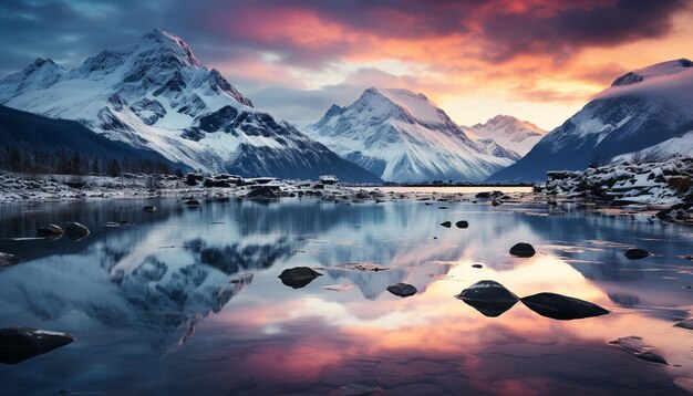 Une chaîne de montagnes majestueuse reflète un coucher de soleil tranquille sur l'eau glacée générée par l'IA.