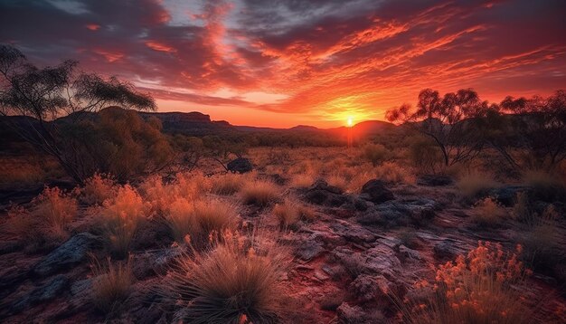 Chaîne de montagnes majestueuse rétro-éclairée par le lever du soleil, aventure tranquille en pleine nature générée par l'intelligence artificielle