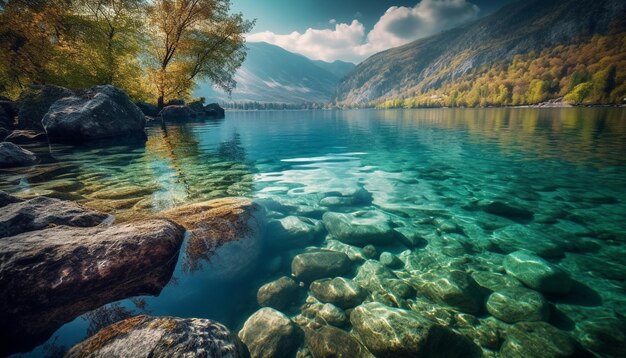 La chaîne de montagnes majestueuse se reflète dans l'eau tranquille ci-dessous générée par l'IA