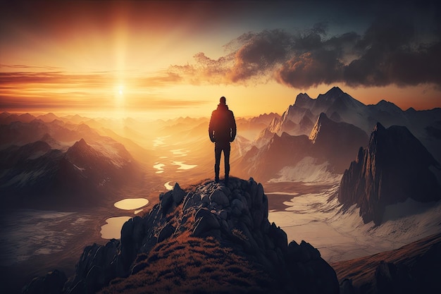 Chaîne de montagnes majestueuse avec le soleil se couchant au loin et l'homme debout au sommet