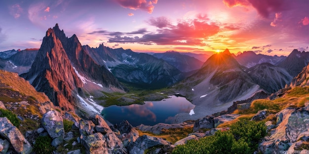 La chaîne de montagnes majestueuse à Sunset Panorama Resplendent