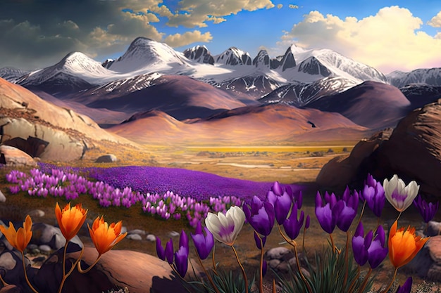 Chaîne de montagnes majestueuse avec vue sur les sommets enneigés et les fleurs de crocus colorées