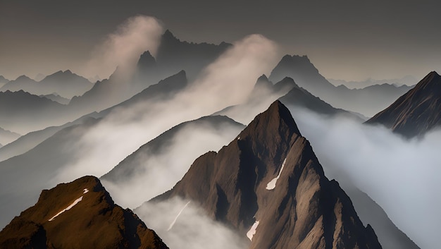 Une chaîne de montagnes avec des nuages et du brouillard en arrière-plan