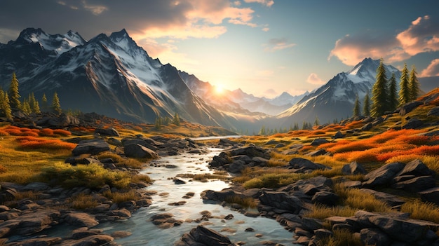 Chaîne de montagnes paysage d'automne rétro-éclairé