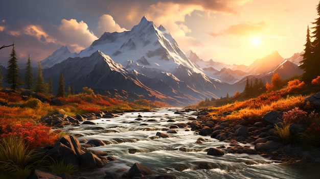 Chaîne de montagnes paysage d'automne rétro-éclairé