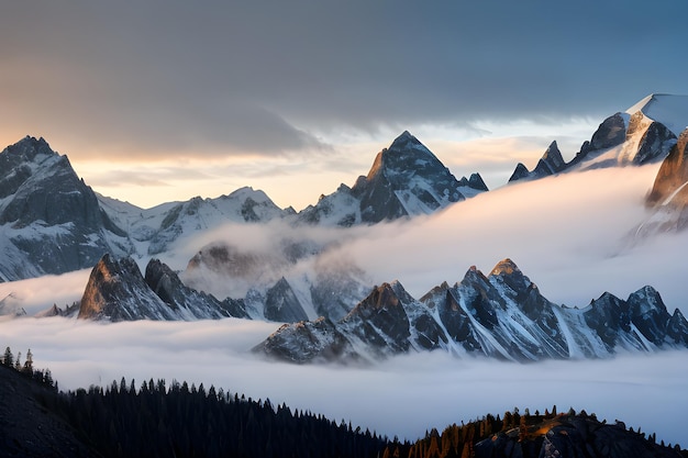 Une chaîne de montagnes photographiée avec une brume tourbillonnante et des sommets déchiquetés en arrière-plan