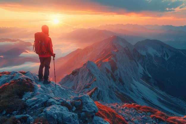 Une chaîne de montagnes avec un randonneur debout au premier plan et regardant la vue