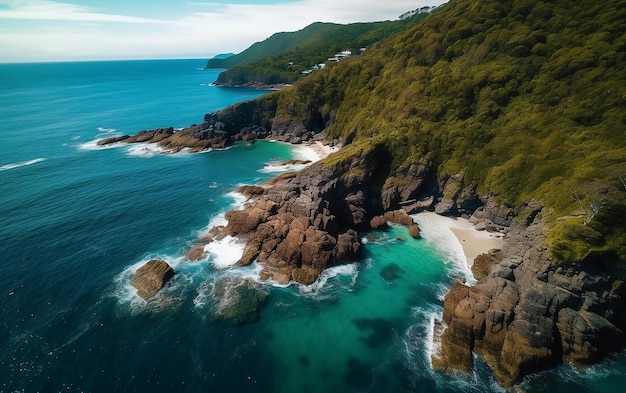 Une chaîne de montagnes rocheuses qui rencontre la mer une vue aérienne Generative AI