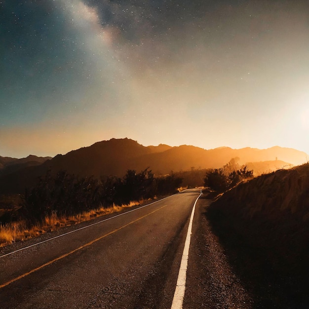 Une chaîne de montagnes sur une route tranquille et poussiéreuse au coucher du soleil