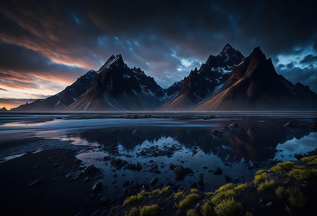 Une chaîne de montagnes se reflète dans l'eau.