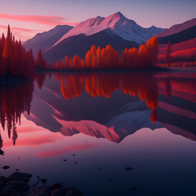 une chaîne de montagnes se reflète dans un lac au ciel rose