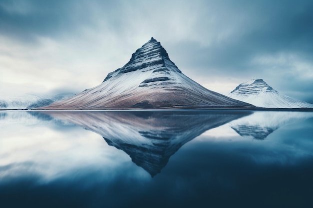 Une chaîne de montagnes se reflète dans un lac et un océan.