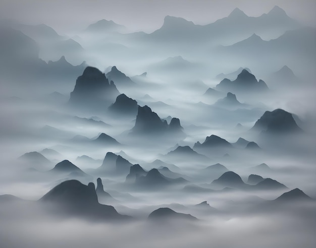 Une chaîne de montagnes tranquille couverte de brouillard et de brume en arrière-plan