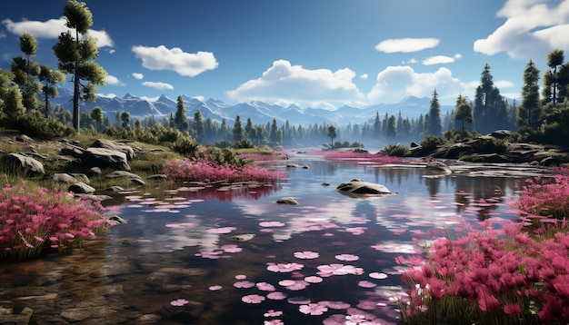 Photo une chaîne de montagnes tranquille se reflète dans un étang paisible généré par l'intelligence artificielle