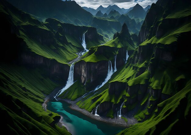 Une chaîne de montagnes verdoyante avec une rivière sinueuse et une majestueuse cascade