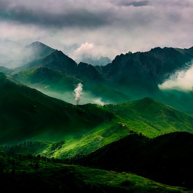 Chaîne de montagnes verdoyantes Paysage de montagnes brumeuses