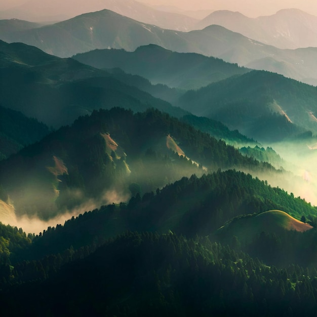 Chaîne de montagnes verdoyantes Paysage de montagnes brumeuses