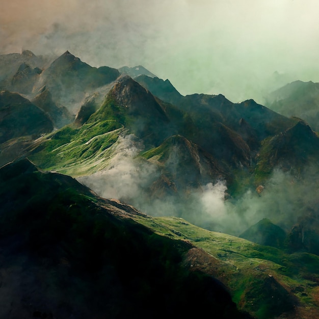 Chaîne de montagnes verdoyantes Paysage de montagnes brumeuses