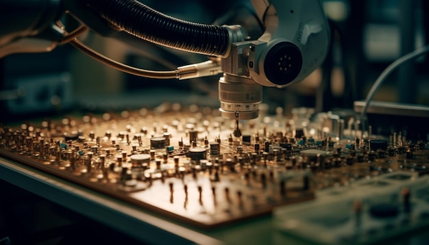 Photo une chaîne de production automatisée utilise des machines complexes pour fabriquer des puces informatiques générées par l'ia